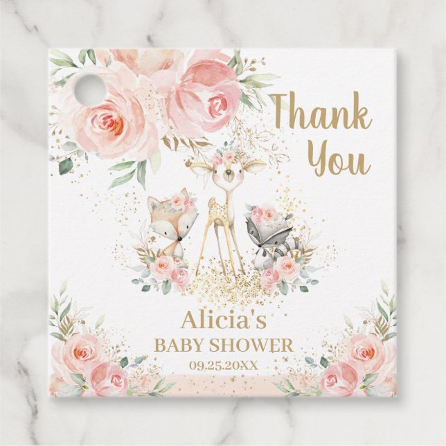 Étiquettes Cadeau Chic Bois Animaux Blush Floral Baby shower (Devant)