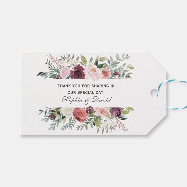 Étiquettes-cadeau Chic Bourgogne Blush Ivory Floral Mariage (Devant (Horizontal))