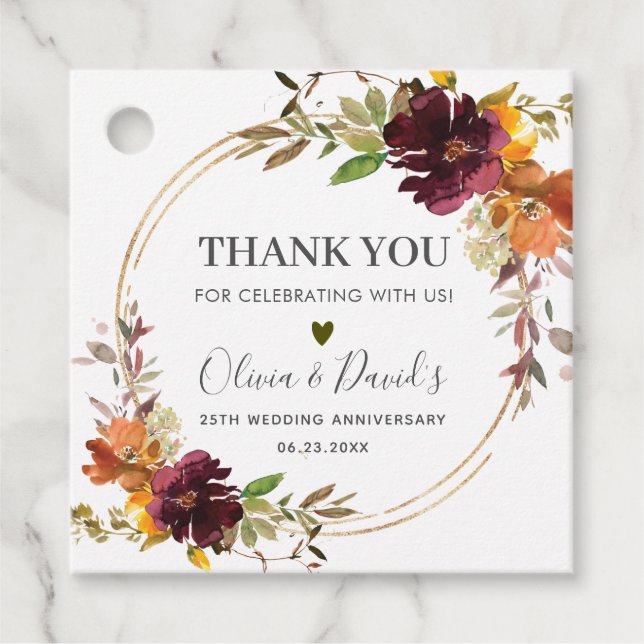 Étiquettes Cadeau Chic Bourgogne Orange Floral Mariage de automne d' (Devant)