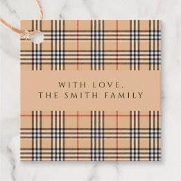 Étiquettes Cadeau Chic Carreaux Chaud Beige | Nom de Famille Personn