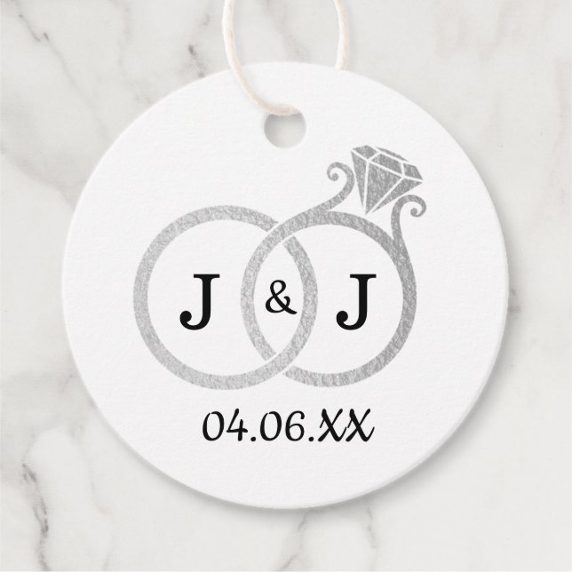 Étiquettes Cadeau Chic Faux Argent Huile Monogramme Mariage Cercles (Devant)