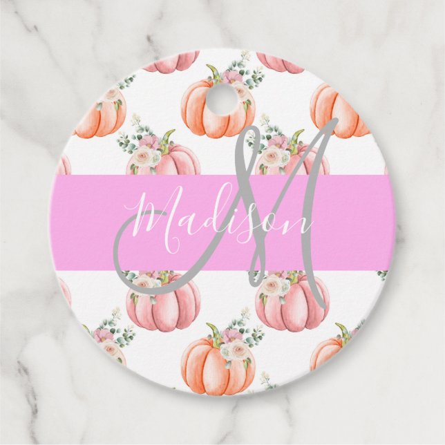 Étiquettes Cadeau Chic Fleur Blanche Rose Pêche Citrouille Monogramm (Devant)