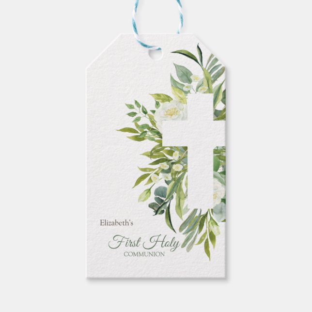 Étiquettes-cadeau Chic Fleurs Entrelacées Première Sainte Communion (Devant)