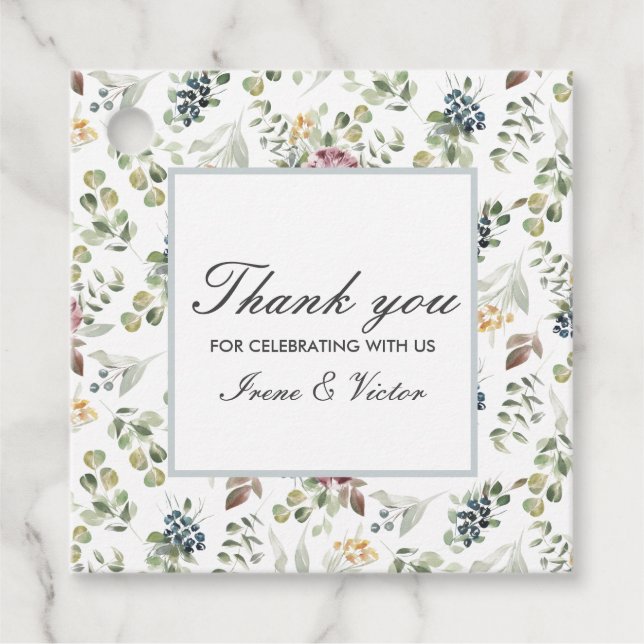 Étiquettes Cadeau Chic gris bleu Anemone fleur merci mariage (Devant)