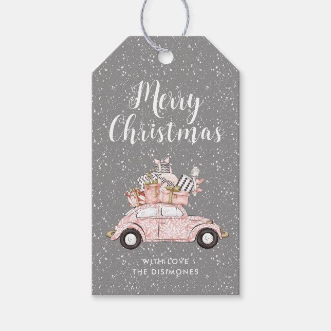 Étiquettes-cadeau Chic Joyeux Noël Rose Voiture Gris Vacances (Devant)