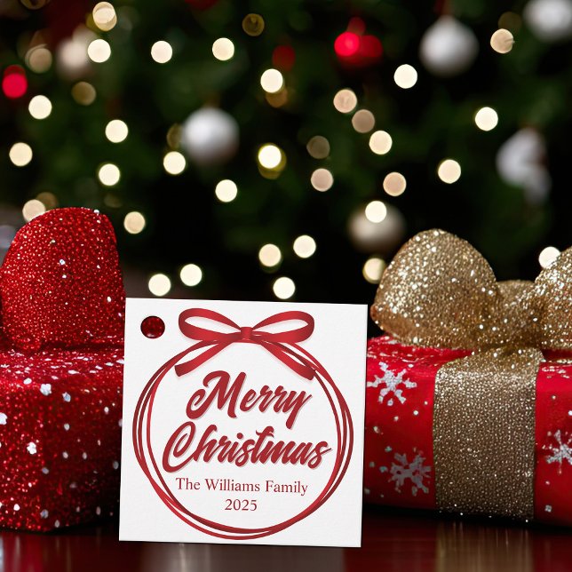 Étiquettes Cadeau Chic Joyeux Noël Script Red Ribbon Bow Party (Créateur téléchargé)