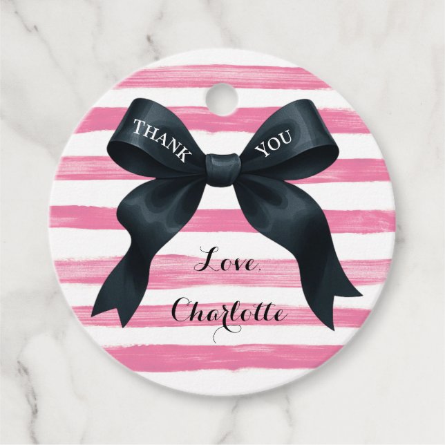 Étiquettes Cadeau Chic noir Bow rose blanc bande (Devant)