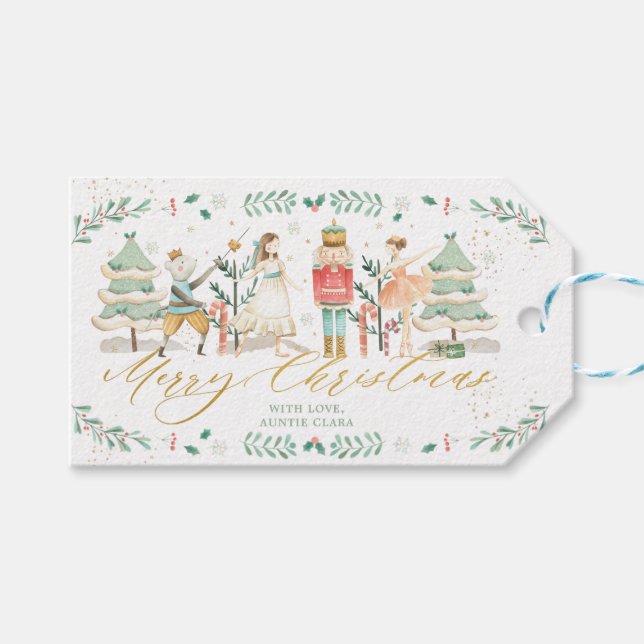 Étiquettes-cadeau Chic Nutcracker Ballet Joyeux Noël Or (Devant (Horizontal))