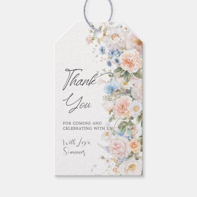 Étiquettes-cadeau Chic Pastel Blush Blanc Bleu Fête des mariées Flor (Devant)