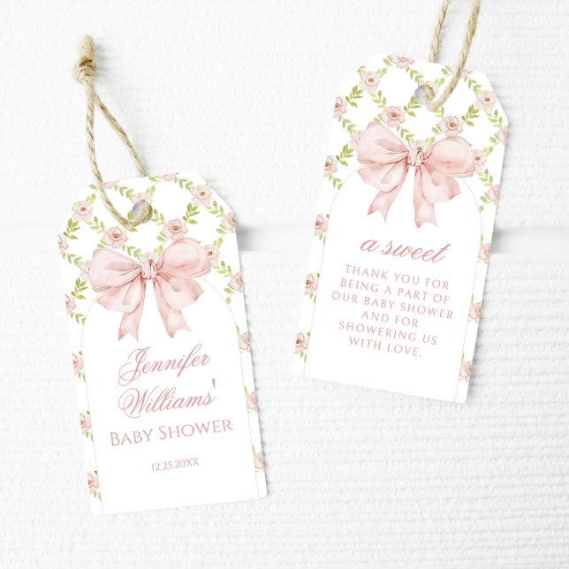 Étiquettes-cadeau Chic Pink Bow Floral Baby Girl Douche Merci (Créateur téléchargé)