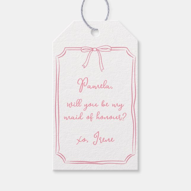 Étiquettes-cadeau Chic rose Coquette Bow Maid of Honor Proposition (Devant)