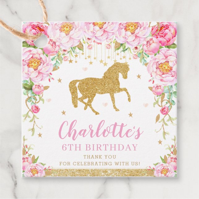 Étiquettes Cadeau Chic Rose Floral Horse Anniversaire Merci (Devant)