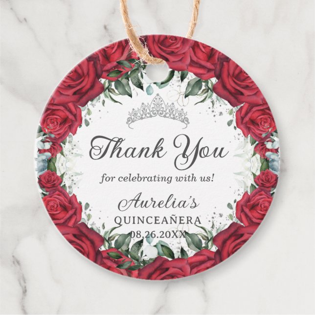 Étiquettes Cadeau Chic Roses Rouges Florales Wreath Argent Princesse (Devant)
