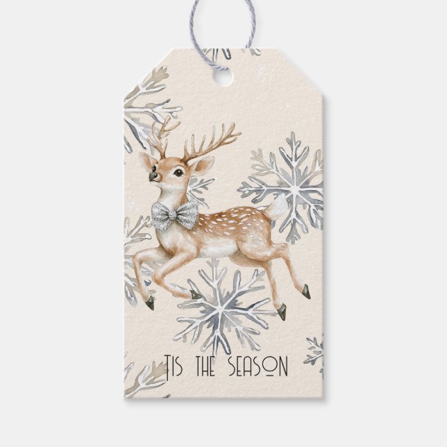 Étiquettes-cadeau Chic Rustique Crème de Noël Deer Snowflakes (Devant)