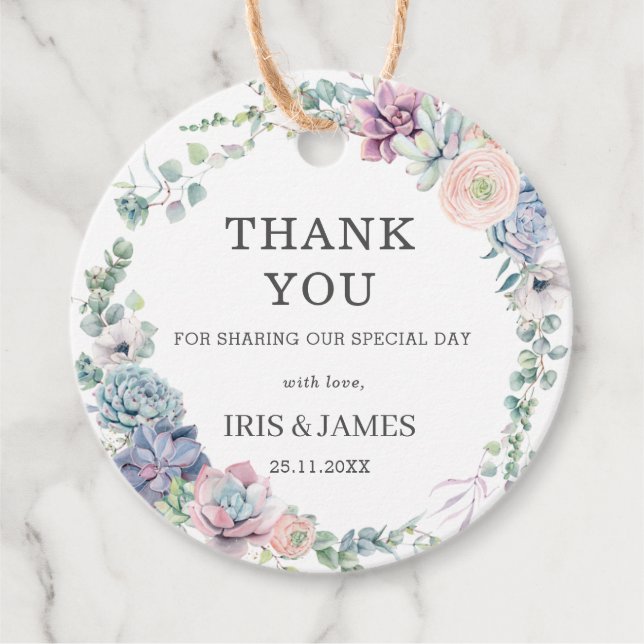 Étiquettes Cadeau Chic Succulents Floral Verdure Mariage Merci (Devant)