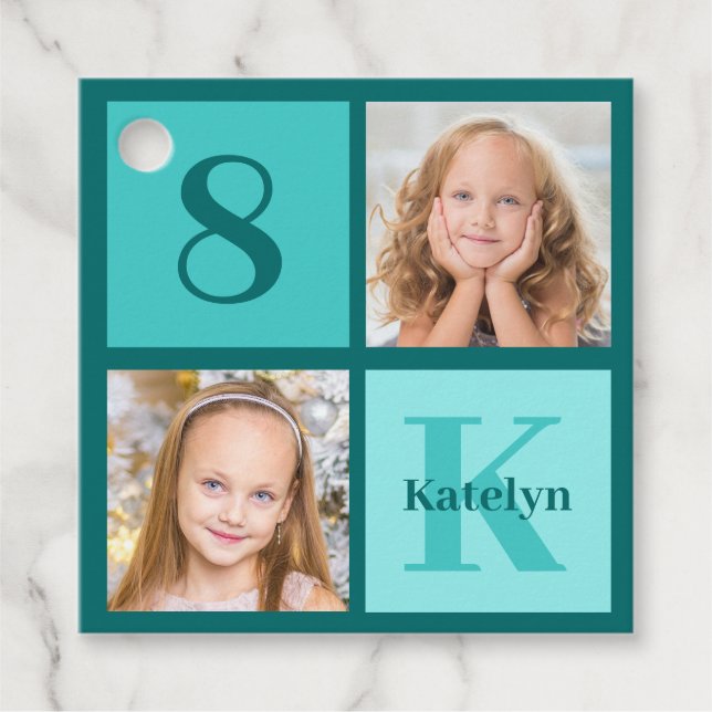 Étiquettes Cadeau Chic Teal Birthday Party Custom Photo Collage (Devant)