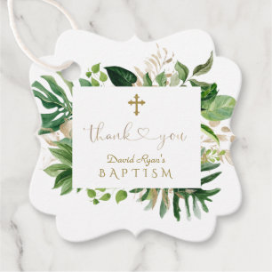 Étiquettes Cadeau Chic Tropical Foliage Merci Script Garçon Baptême