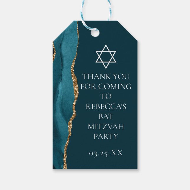 Étiquettes-cadeau Chic Turquoise Gold Bat mitzvah Parti personnalisé (Devant)