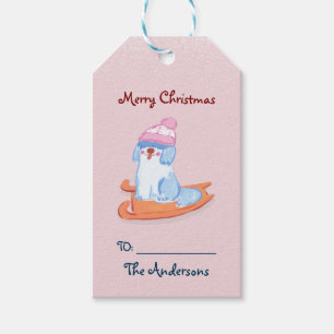 Étiquettes-cadeau Chic Vieux Anglais Cheepdog Sled Pink Noël