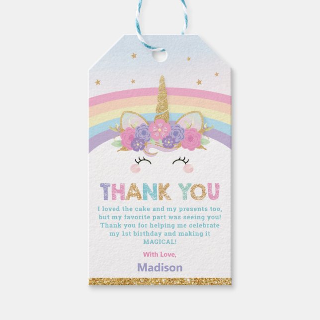 Étiquettes-cadeau Chic Whimsical Unicorn Rainbow 1er Anniversaire Fa (Devant)