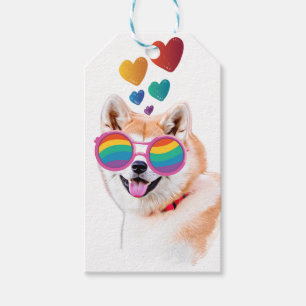 Étiquettes-cadeau Chien Akita avec la Saint-Valentin coeurs
