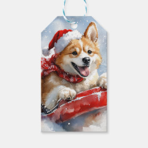 Étiquettes-cadeau Chien Akita dans un Traîneau Qu'il neige Noël