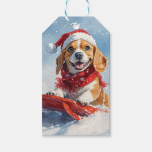 Étiquettes-cadeau Chien Beagle en Luge Laissez Tomber la Neige Noël