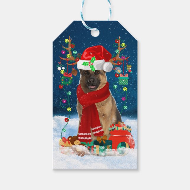 Étiquettes-cadeau Chien berger allemand en neige avec cadeaux de Noë (Devant)