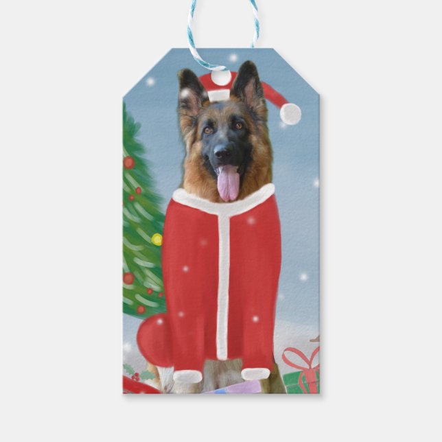 Étiquettes-cadeau Chien berger allemand en neige avec cadeaux de Noë (Devant)