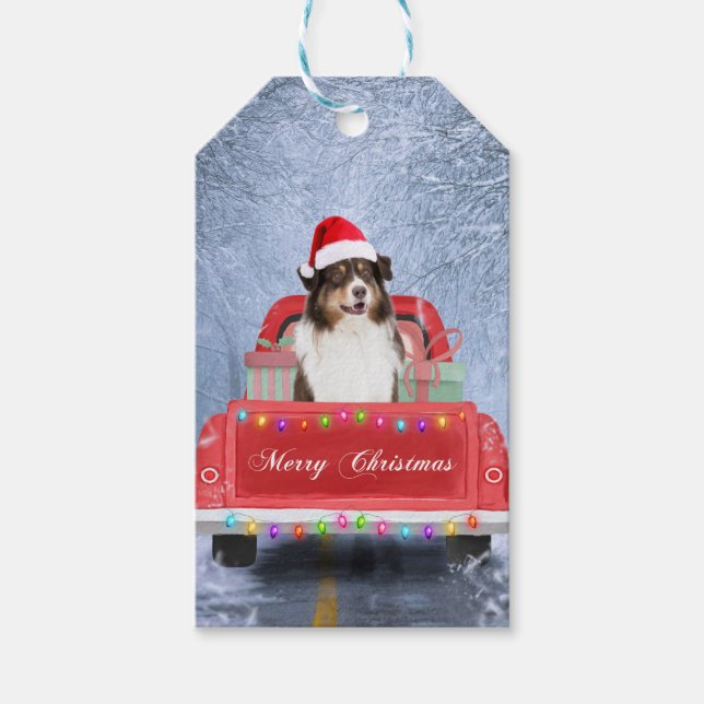 Étiquettes-cadeau Chien berger australien en Noël de neige (Devant)