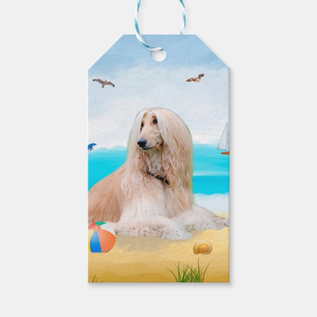Étiquettes-cadeau Chien de chien afghan sur la plage (Devant)