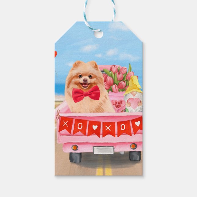 Étiquettes-cadeau Chien de Poméranie Saint Valentin Coeurs de Camion (Devant)