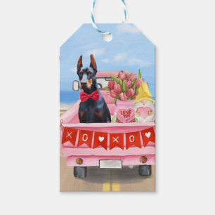 Étiquettes-cadeau Chien Doberman Saint-Valentin Camion Cœurs