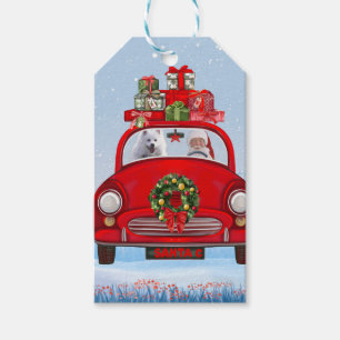 Étiquettes-cadeau Chien Eskimo Américain En Voiture Avec Santa Claus