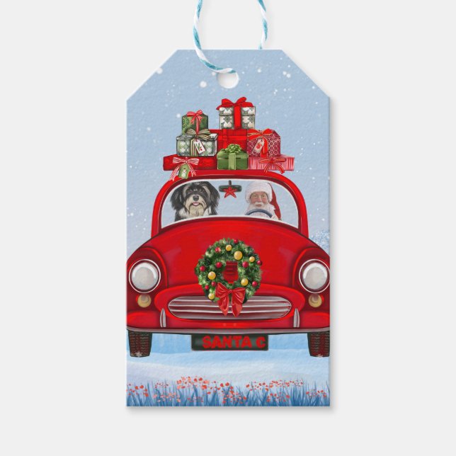 Étiquettes-cadeau Chien Havanais en voiture avec le Père Noël (Devant)