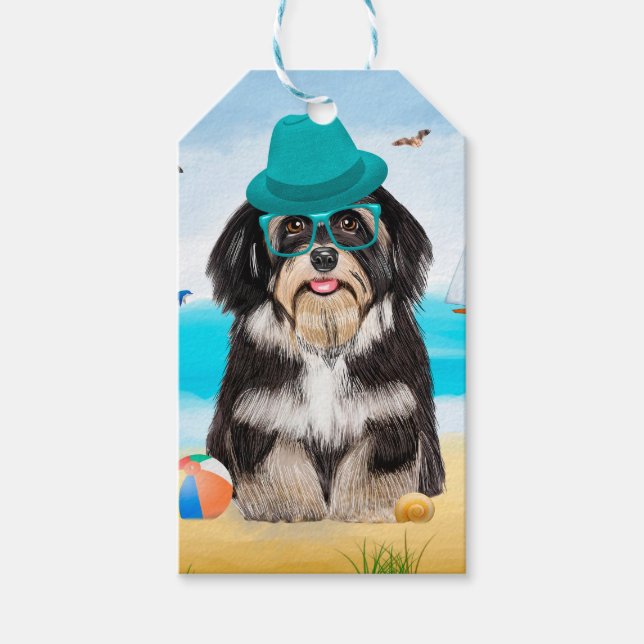 Étiquettes-cadeau Chien Havanais sur la plage (Devant)