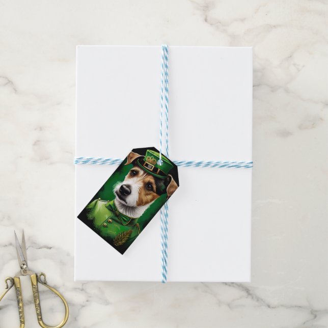 Étiquettes-cadeau Chien Jack Russell en robe de la Saint-Patrick (Avec de laficelle)