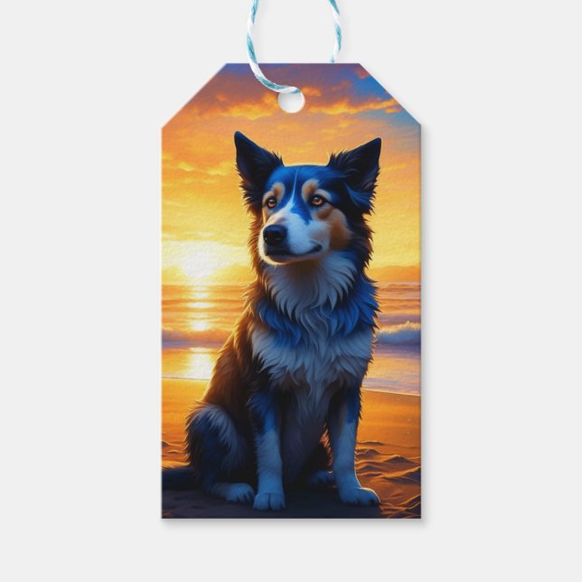 Étiquettes-cadeau Chien mignon au coucher du soleil Serene Ocean Bea (Devant)