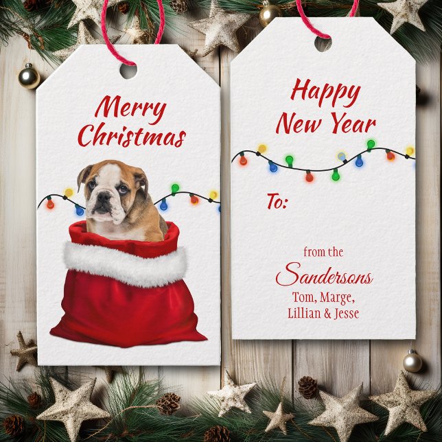 Étiquettes-cadeau Chien mignon Bulldog dans le sac Père Noël (Créateur téléchargé)