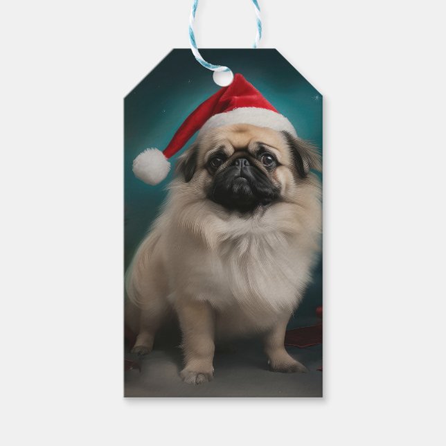 Étiquettes-cadeau Chien pekingese pendant Noël de neige (Devant)