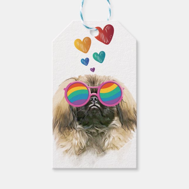 Étiquettes-cadeau Chien Pékinois avec coeurs Saint-Valentin (Devant)