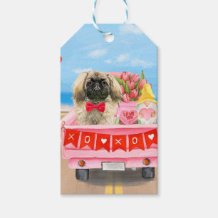 Étiquettes-cadeau Chien Pékinois Jour de la Saint-Valentin Camion Cœ