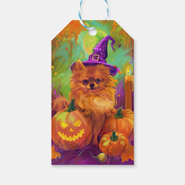 Étiquettes-cadeau Chien Poméranien éffrayant Halloween sorcière et C (Devant)