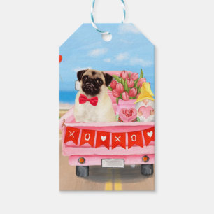 Étiquettes-cadeau Chien Pug Camion de la Saint-Valentin Cœurs
