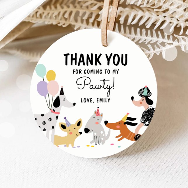 Étiquettes Cadeau Chien Puppy Pawty Animaux modernes Fille Anniversa (Créateur téléchargé)