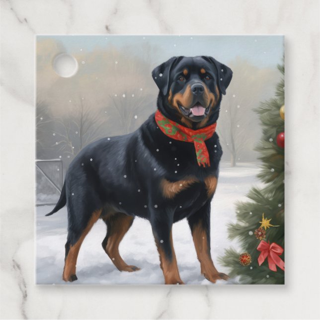 Étiquettes Cadeau Chien Rottweiler pendant Noël de neige (Devant)