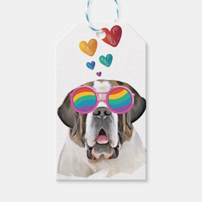 Étiquettes-cadeau Chien Saint-Bernard avec coeurs Saint-Valentin (Devant)