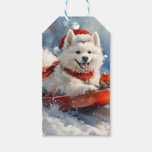 Étiquettes-cadeau Chien Samoyède en Traîneau Laissez Tomber la Neige