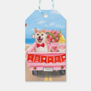 Étiquettes-cadeau Chien Shiba Inu Camion de la Saint-Valentin Cœurs