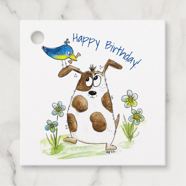 Étiquettes Cadeau Chien tacheté avec un oiseau (Devant)